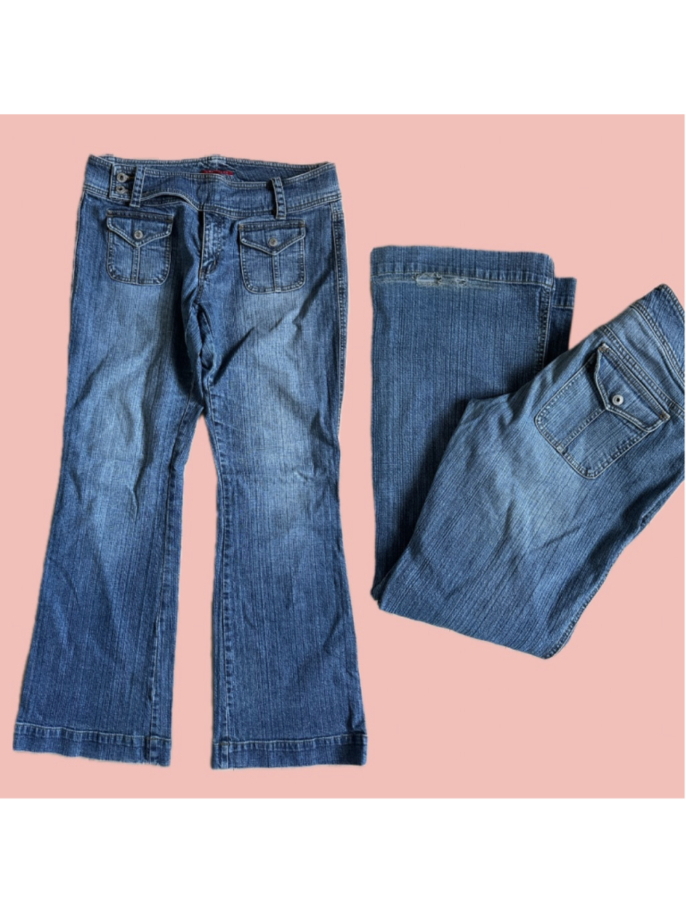 Vintage Y2K Smart Set Low Rise Cargo Pocket Flare Jeans Belted Detail 32